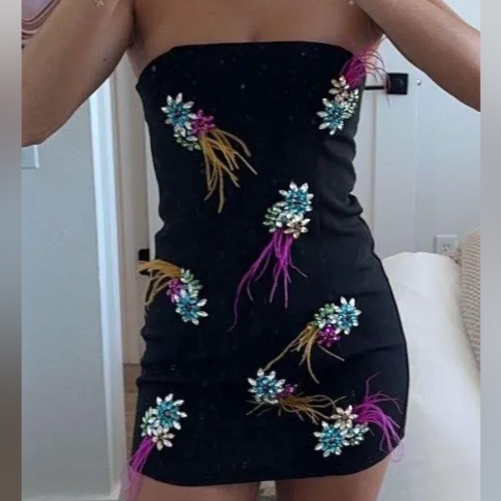 Nasty Gal Black Mini Dress with Teal, Pink & Gold Embellishments